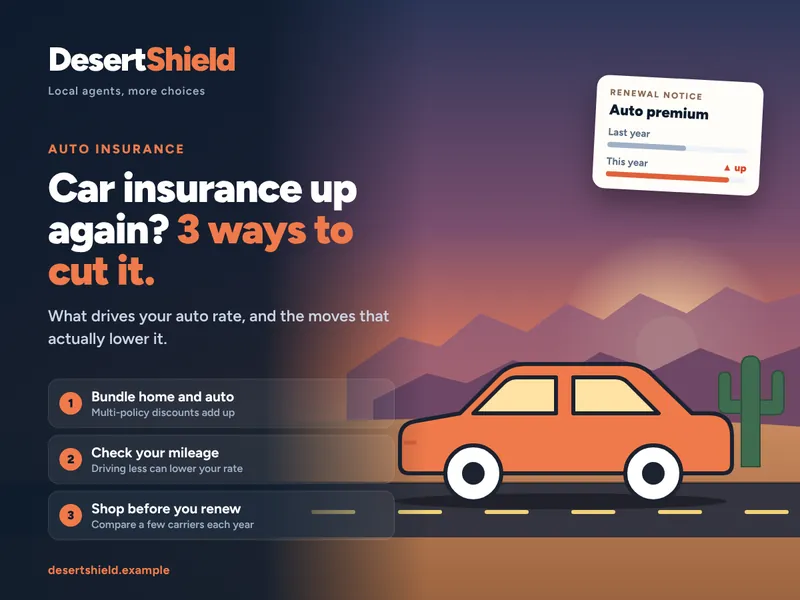 Example Google post image for Desert Shield Insurance: dark desert sunset with an illustrated orange car, headline 'Car insurance up again? 3 ways to cut it.'