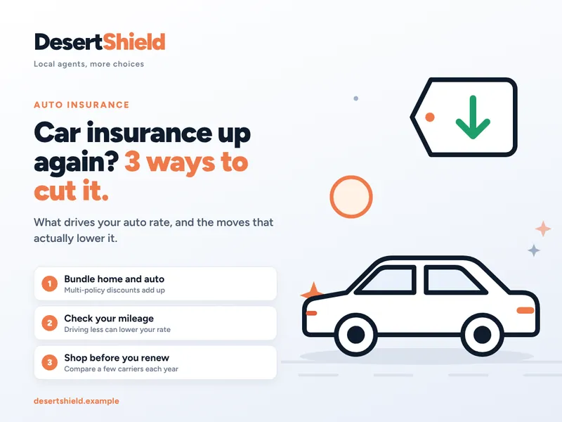 Example Google post image for Desert Shield Insurance: light illustrated car scene with three tips to lower car insurance.