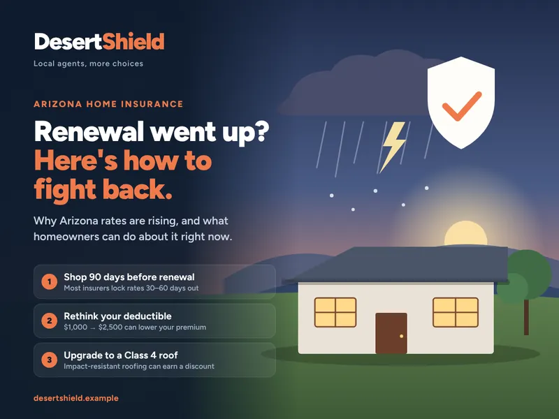 Example Google post image for Desert Shield Insurance: dark green illustrated home scene with a renewal notice card about homeowners premiums.