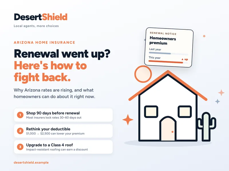 Example Google post image for a sample agency, Desert Shield Insurance: light illustrated house with a cactus and a renewal notice card, headline 'Renewal went up? Here's how to fight back.'