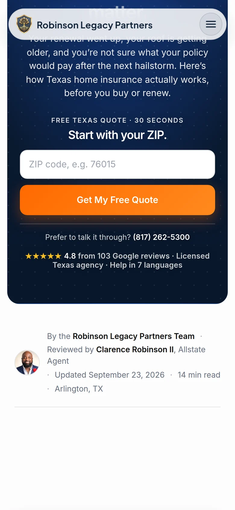 Blog article hero with 'Start with your ZIP' quote form